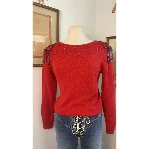 Vintage 80s Sweater With Beaded Tassel Silk Rabbit Hair Shoulder Pads Unique - Picture 2 of 7